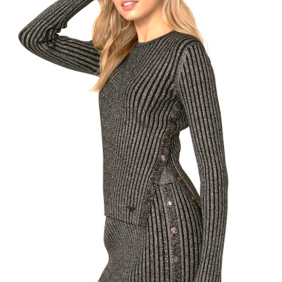 $448 TORY BURCH lurex stripe crew neck sweater L hip logo - Picture 2 of 12